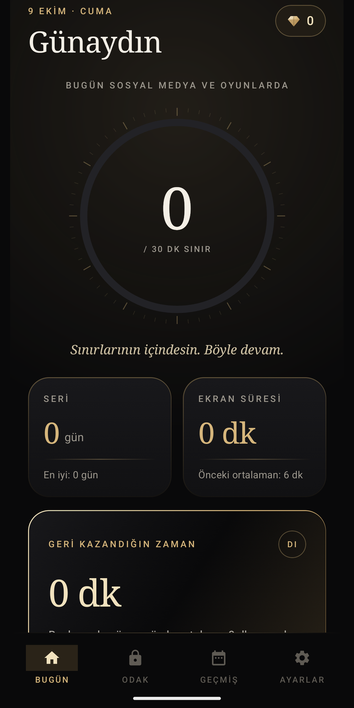 Offlayn Bugün ekranı: günlük süre halkası, seri ve gem sayacı